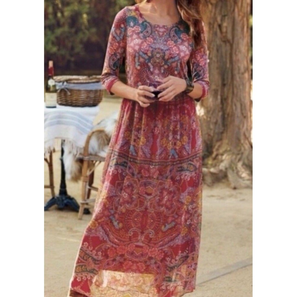 Soft Surroundings Niran Maxi Dress Red Paisley Boho Chiffon 3/4 Sleeves Womens L